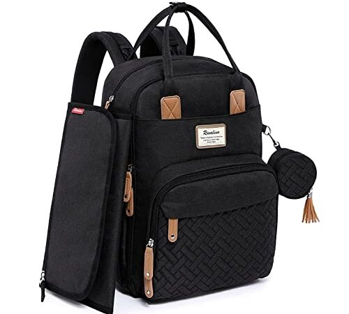RUVALINO Baby Wickelrucksack Wickeltasche Rucksack mit tragbarer Wickelauflage, Schnullerhalter und Kinderwagengurten, Babytasche Multifunktional für Mama und Papa, Schwarz