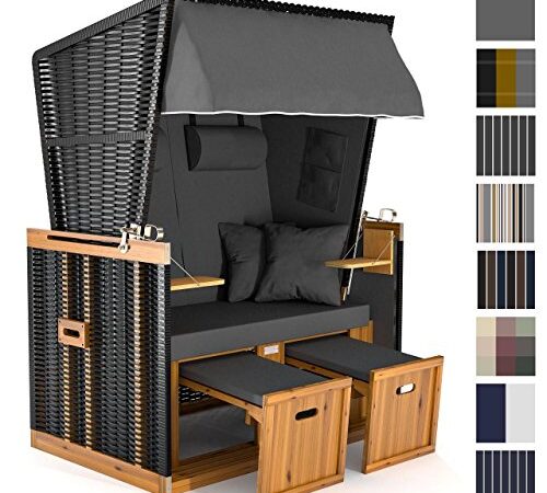 Sanzaro Strandkorb XL120 cm Deluxe Zweisitzer Holz und Poly-Rattan Sylt Ostsee Volllieger inkl. 4 x Kissen klappbare Rückenlehne 2 Personen Grau Uni