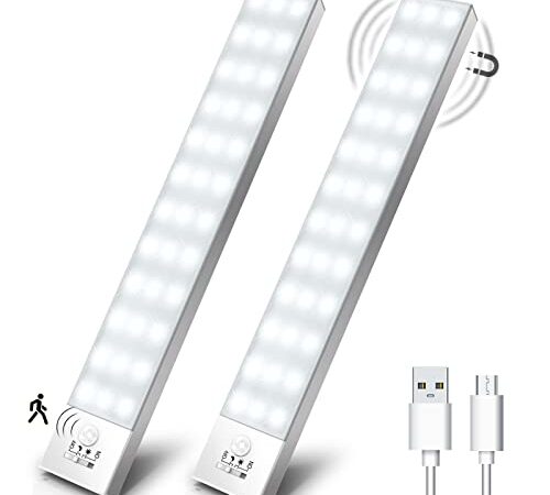 Schrankbeleuchtung Led mit Bewegungsmelder 2 Stück Schranklicht Schrankleuchte Led Leiste Batterie USB Wiederaufladbar Unterbauleuchte Küche Schrankleuchten für Kleiderschrank, Treppe, Kofferraum, RV