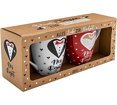 Tassen-Set Mr & Mrs: Zwei Tassen mit Herzhenkel in Geschenkbox, Porzellan, je 30 cl