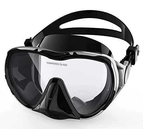 Taucherbrille Schnorchelmaske Taucherbrille Erwachsene Antibeschlag und Anti-Leck Tauchmaske für Freitauchen und Schnorcheln, Lebensmittelqualität Silikon Schürze Gesicht (Gray-Black 1)