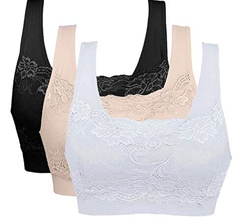 Vertvie Womens Strech Ohne Buegel Push up Yoga Sports BH Bra Top Set Fuer Fitnesstraining Polsterung 3er Pack (EU XXL/Tag 3XL, Schwarz+Weiß+Hautfarbe)