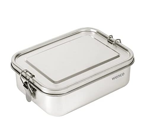 Wenco Premium Lunchbox aus Edelstahl, Mit 2 Fächern, Brotdose mit 1200 ml Fassungsvermögen (1 l Netto-Inhalt), Wasserdicht, Spülmaschinengeeignet, inkl. Ersatz-Silikonring, 18,5 x 14 x 5,5 cm, Silber