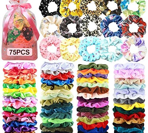 75 Stück Haargummi Scrunchies Samt Haargummi Mädchen Chiffon Haar Gummibänder Satin Haarbänder Bunte Pferdeschwanz Haarschmuck für Frauen Mädchen, Haar-Accessoires mit Geschenkbeutel