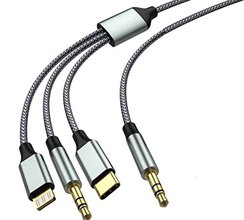Aux Kabel, 3.5mm/USB Typ C/Lightning auf 3.5mm Klinke Kabel Audio 3 in 1 Stereo Klinke auf Klinke für Autoradio, Lautsprecher Kompatibel mit iPhone/Samsung Galaxy/Huawei/OnePlus/Google Pixel/Pad/PC