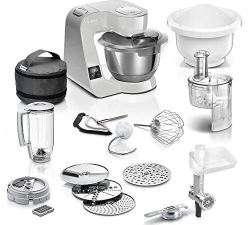Bosch Küchenmaschine MUM5 MUM5XL72, integrierte Waage, 2x Schüssel 3,9L, Mixer 1,25L, Rührset, Durchlaufschnitzler, Planetarisches Rührgetriebe, Fleischwolf, Würfelschneider, 1000 W, Grau/Silber