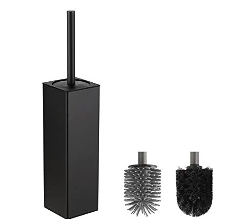 BVL Schwarz WC Bürsten & Halter, Metall Toilettenbürste Inklusive 2 Bürstenköpfe, Freistehende Quadratisch Silikon Toilettenbürste für das Badezimmer