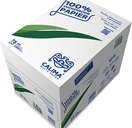 CALIMA® WHITE PAPER Kopierpapier, Druckerpapier, TreeFree, Upcyling aus 100% Zuckerrohrrückständen, umweltfreundlich, nachhaltig, DIN A4 75g/m², weiß, (2500 Blatt = 5 Pakete à 500 Blatt), Recycling
