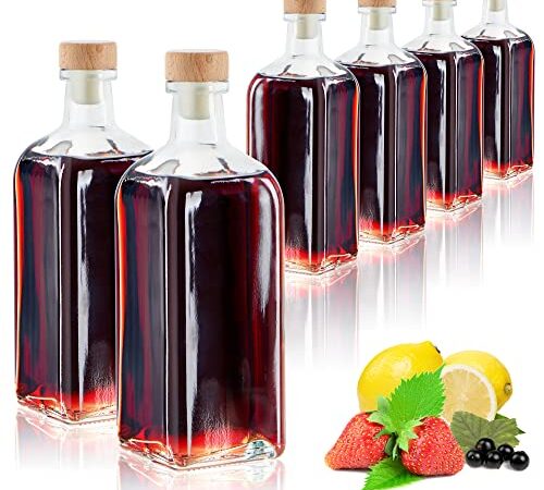 com-four® 6x Glasflasche 500 ml mit Korken - Leere Flasche mit Korkenverschluss - Glasbehälter zum Befüllen mit Flüssigkeiten wie Öl, Essig und Spirituosen (viereckig - 500ml)