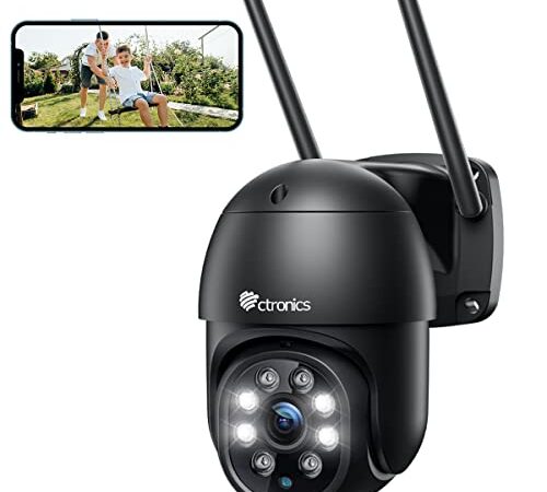 ctronics PTZ Überwachungskamera Aussen,1080P Kabellose IP WLAN Outdoor Kamera mit Automatische Verfolgung, 30m Nachtsicht in Farbe, 2-Wege Audio, IP66 Wasserdicht, Unterstützt 64GB SD-Karten, Schwarz