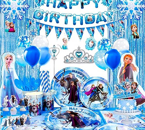 Frozen Geburtstagsdeko,136Pcs Elsa Geburtstagsparty Deko&Partygeschirr Set-Elsa Luftballon Banner Tischdecke Teller Papiertuch Tortendeko Zauberstab Tiara Ect für Mädchen Eiskönigin Geburtstagsdeko