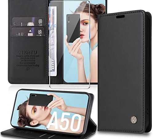 Handyhülle für Samsung Galaxy A50 Hülle [mit Schutzfolie] [Premium PU Leder] Klapphülle Ständer Kartenfach Magnetic Flip Case Cover Etui Tasche Schutzhülle für Samsung A50