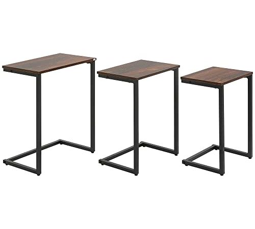HOMCOM 3er-Set Beistelltische, platzsparende Satztische, C-förmige Couchtische, Kaffeetische mit Stahlgestell im Industriedesign für Wohnzimmer Rustikal-Braun