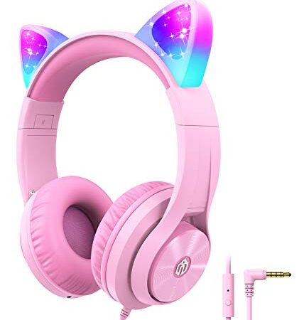 iClever Kinder Kopfhörer, Katzenohr Kopfhörer mit LED Leuchten und Shareport, 94dB Lautstärke Begrenzt, Faltbarer Over Ear Kopfhörer mit Mikrofon für Schule/iPad/Tablet/Reisen