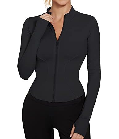 IECCP Damen Sport Crop Tops Gym Langarm T Shirt Laufshirts Yoga Top Sportshirt Leicht Fitness Workout Oberteil mit Daumenloch Schwarz S