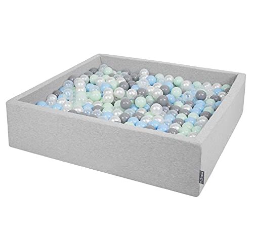 KiddyMoon Quadrat Bällebad Bällepool 120X30cm/200 Bälle ∅ 7Cm Eckig Ballgruben Für Babys Spielbad Kleinkinder, Hergestellt In EU, Hellgrau:Perle-Grau-Transparent-Babyblau-Mint