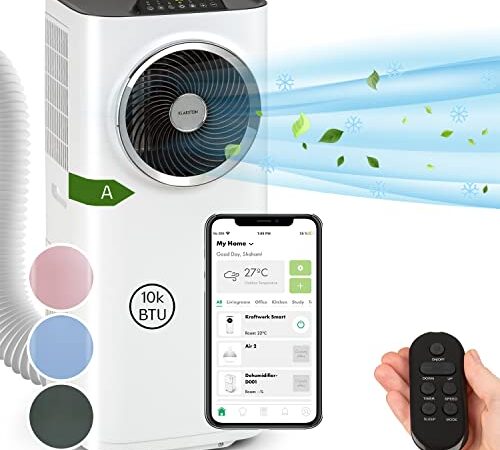 Klarstein Mobile Klimaanlage mit Abluftschlauch, 5-in-1 Klimagerät, Ventilator, Luftentfeuchter, Luftreiniger & Nachtmodus, App-Steuerung, Kleine & Portable Klimaanlage für Wohnung & Büro, 10000 BTU