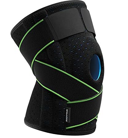 Kniebandage mit seitlichen Stabilisatoren und Gel-Pads für Kniescheibe
