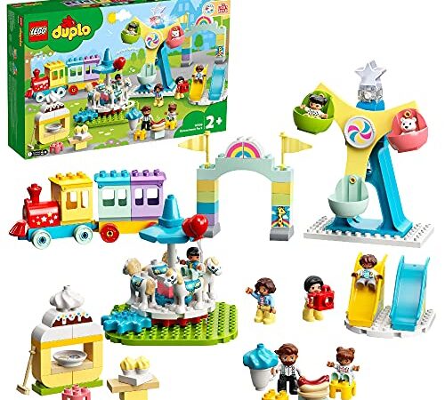 LEGO 10956 DUPLO Erlebnispark, Kinderspielzeug ab 2 Jahre mit Jahrmarkt und Zug für Mädchen und Jungen, Steine zum Bauen und Minifiguren