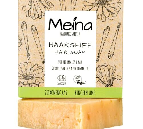 Meina Naturkosmetik - Bio Haarseife mit Zitronengras & Ringelblume, Zertifiziert, Vegan, Nachhaltig, Handgemacht, Plastikfrei, Ohne Palmöl, Wie ein festes Shampoo - 80g