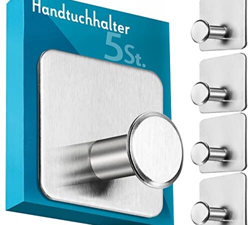 Menz Handtuchhalter ohne Bohren - 5er Set Edelstahl Haken selbstklebend + 3M-Klebe-Pads - Hochwertige Klebehaken ideal für Bad und Küche - Selbstklebende Haken als Handtuchhaken