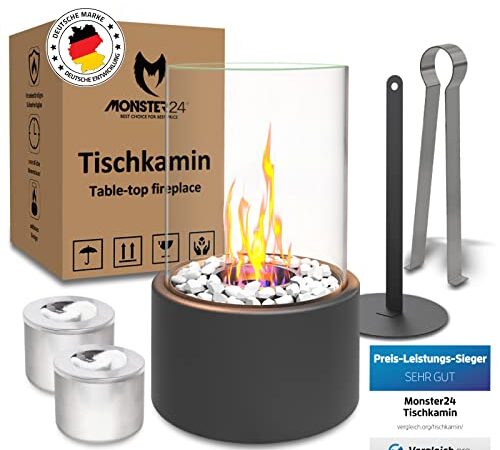 Monster24 Einzigartiger Tischkamin | Tischfeuer mit Deko Steinen und 2 Brennkammern für unendliche Brenndauer | Bio Ethanol Kamin Indoor und Outdoor | Bioethanol Terrassenfeuer | Balkon Deko