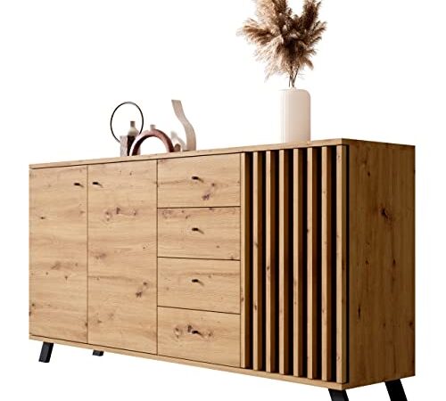 Newroom Sideboard Wildeiche Anthrazit Sideboard Modern Vintage - 160x85x40 cm (BxHxT) - Highboard Anrichte - [Barea.Three] Wohnzimmer Schlafzimmer Flur Esszimmer