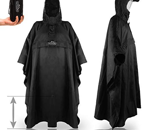 Outdoro Regenponcho - Einstellbare Länge - Mit Reißverschluss und Sichtfenster - Poncho Unisex für Damen & Herren, Erwachsene (Schwarz)