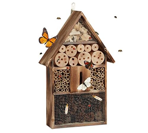 Relaxdays Insektenhotel 50 cm groß, Zum Aufhängen, Bienenhotel und Schmetterlingshaus, Geflämmtes Holz, natur