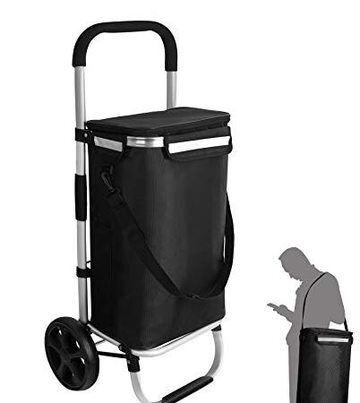 Ribelli Einkaufstrolley mit Kühlfach, Einkaufswagen Klappbar bis 45 kg, Hochwertiger Aluminium Rahmen, Einkaufsroller mit Seitentaschen, Abnehmbare Tasche als Tragetasche Nutzbar, Schwarz