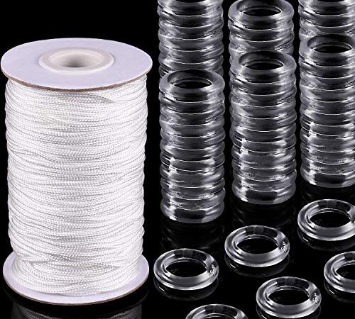 RoadLoo Raffgardinenringe, 100 Stück Klarrollo Römerring und 50 m 1,8 mm Raffrollo Schnur Weiß Geflochtene Lift Shade Cord Transparente Kunststoffringe für DIY Raffgardinen Rollo Schatten