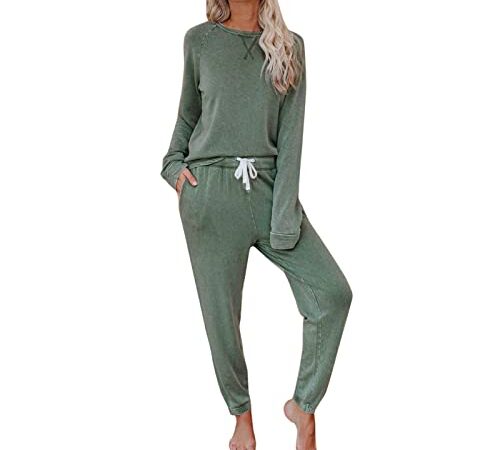 Schlafanzug Damen Lang Pyjamaset Set Winter Pyjama Set Mit Bündchen Hausanzug Zweiteiliger-Nachtwäsche Sleepwear Loungewear Langarm Oberteil Und Schlafanzughose Freizeitanzug