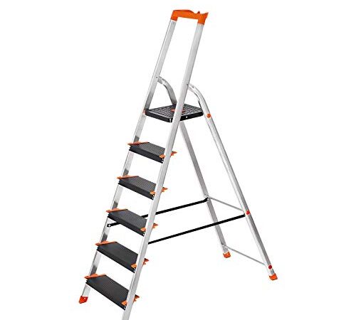 SONGMICS Leiter mit 6 Stufen, Aluleiter, 12 cm breite Stufen mit Riffelung, Anti-Rutsch-Füße, mit Handlauf, Werkzeugschale, bis 150 kg belastbar, schwarz-orange GLT06BK