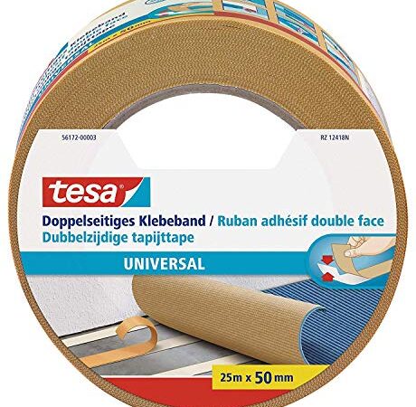 tesa Doppelseitiges Klebeband Universal - Vielseitiges Klebeband für Verpackungen, Deko und Teppiche oder zum Basteln - 25 m x 50 mm