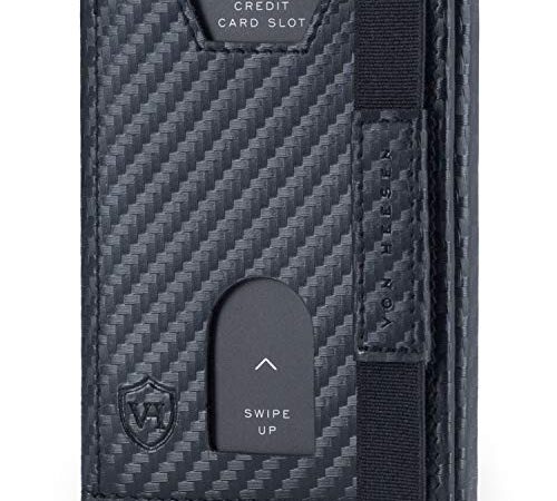 VON HEESEN® Slim Wallet mit Münzfach & RFID-Schutz I Leder Geldbeutel I Mini Geldbörse für Herren und Damen I Kartenetui Echtleder Karten Portemonnaie klein I Kreditkartenetui Carbon-Schwarz
