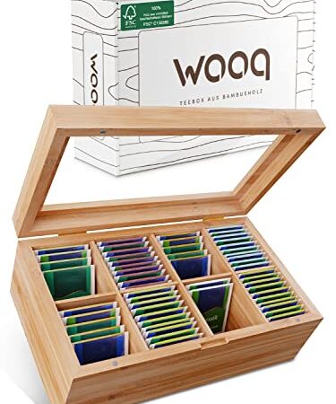 wooq Premium Teebox aus FSC-zertifiziertem Bambusholz – mit 8 Fächern 30 x 19 x 9cm – Teekiste m. luftdichtem Magnetverschluss – Tee Box m. großer Sichtscheibe aus Glas – Teebeutel Aufbewahrungsbox