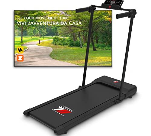YM NEXT 1000 Laufband Klappbar Platzsparend, Große Lauffläche, Interaktive APP Kinomap Zwift BitGym Coaching und Video, Bluetooth, 12 Programme, 10 km/h, Räder, Schwarz, Steigung 120 kg Max, Your Move