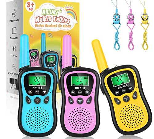 AILUKI 3 Stück Walkie Talkie Kinder Spielzeug 4KM Reichweite Funkgerät 8 Kanäle 10 Klingeltöne mit Taschenlampe LCD Display Schlüsselbänder Ideal für Camping,Einkaufen,Freizeitpark,Zelten,Indoor
