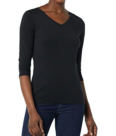 Amazon Essentials Damen T-Shirt Mit V-Ausschnitt Und 3/4-Ärmeln, Klassischer Schnitt (Erhältlich In Übergröße), Schwarz, L