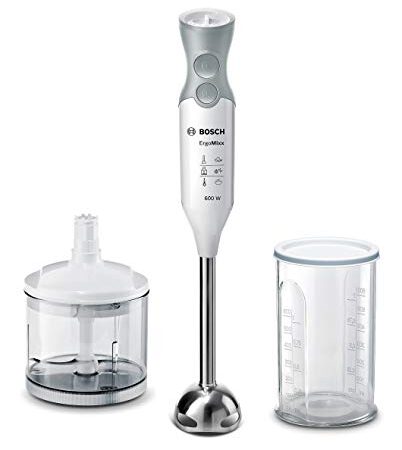 Bosch Stabmixer ErgoMixx MSM66120, Edelstahl-Mixfuß, Mix- und Messbecher, 4-Klingen-Messer, ergonomisches Design, 12 Stufen plus Turbo, 600 W, weiß/grau