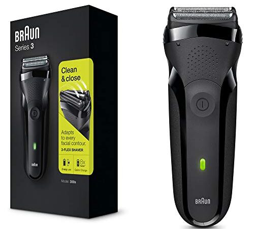 Braun Series 3 Rasierer Herren, Elektrorasierer mit 3 flexiblen Klingen, wiederaufladbarer und kabelloser elektrischer Rasierer, 30 Min Laufzeit, Geschenk Mann, 300s, schwarz