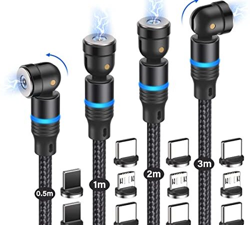 CJOY Magnetisches USB Ladekabel, [0.5m+1m+2m+3m] 3 in 1 Magnet Ladekabel, 360°&180°Rotierendes Nylon Ladekabel Magnetisch Kabel USB für Micro USB/Typ C (Schwarz)