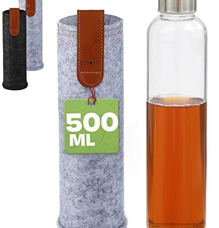 Cosumy Trinkflasche aus Glas mit Filzhülle für Unterwegs - 500ml Glasflasche - Auslaufsicher - Spülmaschinenfest