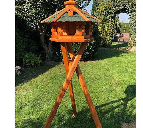 DARLUX handgefertigtes Sechseck Vogelhaus aus Holz wetterfest M - XL mit und ohne Ständer, Futterhaus, Futterhäuschen (Größe L mit Ständer, Grün - Braun)