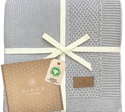 DIKOS® Babydecke aus *100%* GOTS Bio Baumwolle grau | Sommerdecke Neugeborenen Baby Decke | Strickdecke mit Bordüre Mädchen/Junge | nachhaltige Kuscheldecke Baumwolldecke | Geschenk zur Geburt