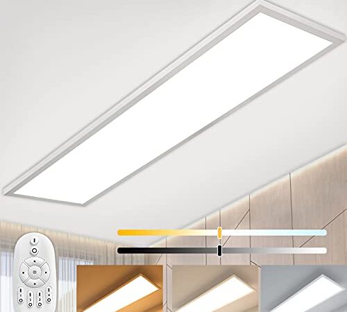 Dimmbar LED Panel Deckenleuchte 120x30 cm mit Fernbedienung, 40W Super Deckenpanel Lampe mit Direkt Stark Leuchtkraft Licht, Warm Natur Kalt Weiß Deckenlampe für Büro Garage Wohnzimmer Werkstatt