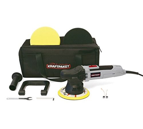Dino KRAFTPAKET 9mm-650W Exzenter Poliermaschine für Auto Boot KFZ im Set mit Stützteller Polierpads und Tasche, 150mm