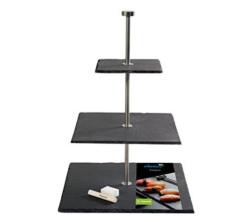 eGenuss 1er-Set 3-stöckige Etagere mit Edelstahl Stange und eckige Schieferplatten modern schwarz | Inklusive Kreide und Schwamm