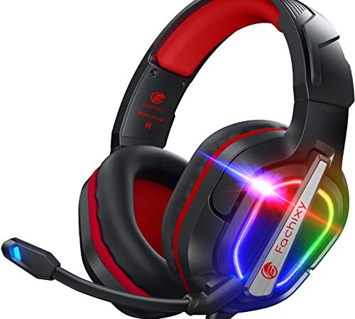Fachixy [2023 New] FC200 Gaming Headset für PS4/PS5/PC/Xbox/Nintendo Switch, PS4 Kopfhörer mit Kabel und RGB Licht, Stereo Surround Kopfhörer mit Mikrofon, Noise Cancelling Gamer Headphones - Rot