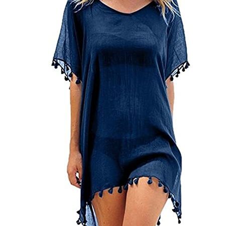 FFWTPY Damen Strandkleid, Chiffon Sommer Strandponcho, Badeanzug Bikini Cover-Ups mit Quasten, Boho Strandtunika, Transparent Strandurlaub Badeanzug, Bikini Beachwear (Marineblau)